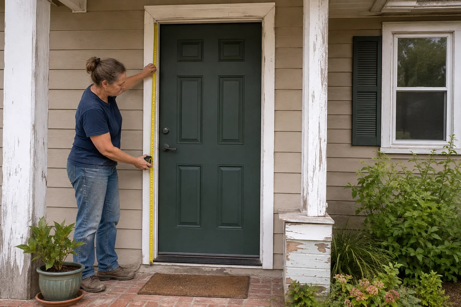 Woman holding a tape measure beside a green paneled entry door.
