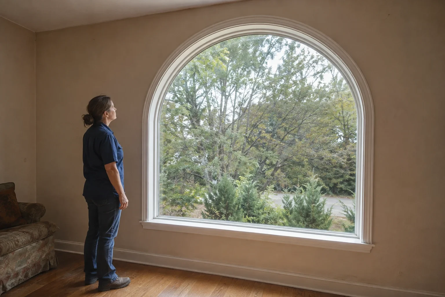Woman looking at a large arched window with a white frame.